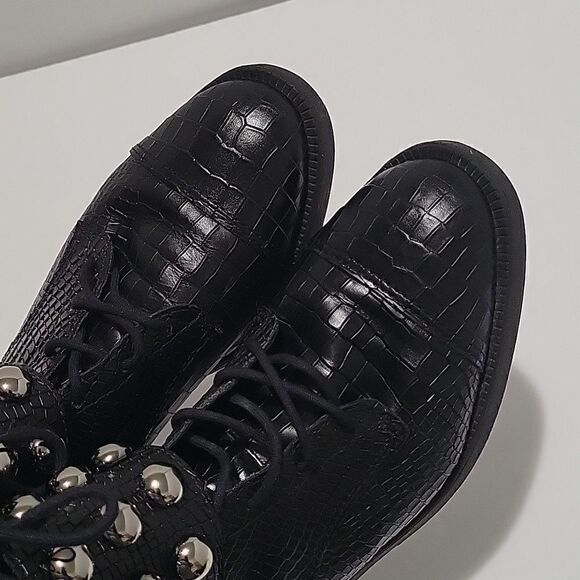 Schutz Croc Embossed Studded Lace Up Boots - Picture 5 of 16